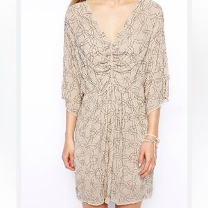 Needle & Thread Geo Beige Beaded Cocktail Dress With Dolman Kimono Sleeves
